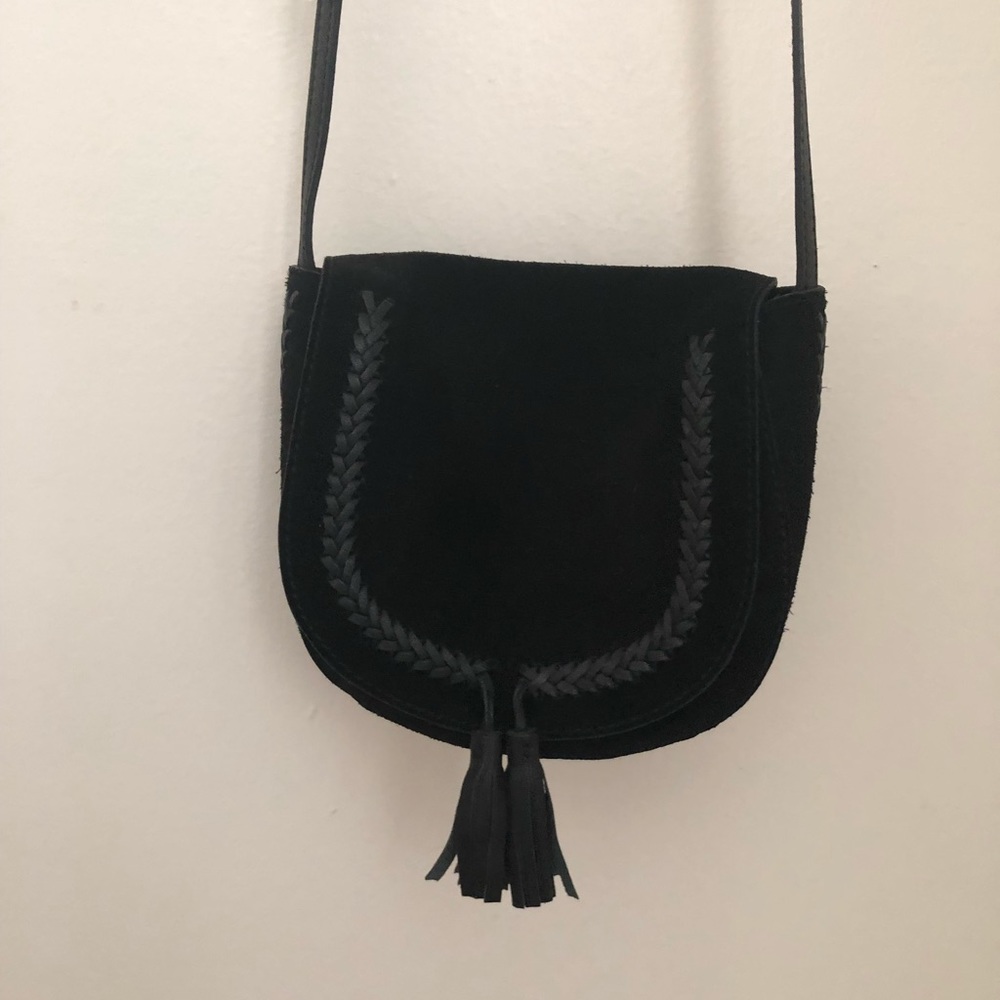 Lucky Brand Black Suede Braided Tassel Crossbody Bag